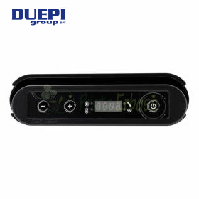 Black Duepi three-button control display panel on wooden table