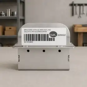 Brazier pentru sobă pe peleți de 9,5 kW, fabricat din metal, cu eticheta de identificare.