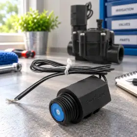 RPKSOLENOI Magnetventil 24 V mit Kabelanschluss auf Werkbank, Bewässerungsventil im Hintergrund