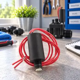 Solenoide de 24 V con cable rojo para válvulas de riego sobre mesa de trabajo