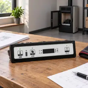 Three-button display control panel for stove or heating appliance on workshop table