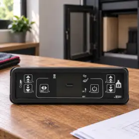 Black six-key stove control display panel on wooden table near fireplace