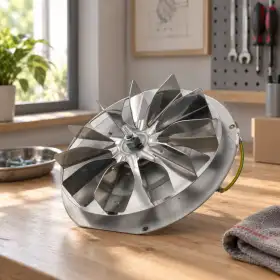 Metal smoke fan assembly with curved blades on a workshop bench