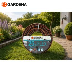 Gardena 25 m Flex garden hose, 15 mm diameter, coiled on lawn in garden setting