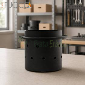 Black metal brazier pot with air holes for 4 kW pellet stove