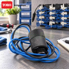 Solenoide de 24 V con cables azul y negro para sistema de riego sobre banco de trabajo