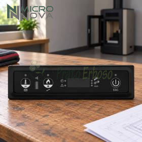 Three-key protected control display panel for stove or heating appliance on wooden table