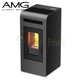 Sobë me pelet Cayenne 12.8 kW e zezë me xham, e ndezur në ambient modern