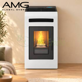 White Cayenne 12.8 kW pellet stove with black glass door and visible flame in modern living room