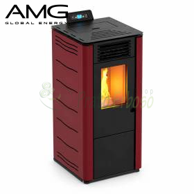 Stufa a pellet Basic Steel bordeaux 6,9 kW con porta nera e fiamma visibile in soggiorno