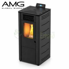 Stufa a pellet nera Basic Steel 8.7 kW con fiamma visibile in soggiorno