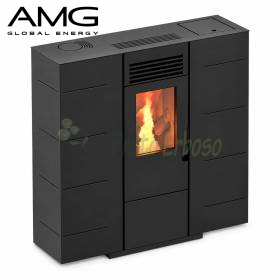 Estufa de pellets Slim ZS negra de 6,5 kW encendida en salón moderno