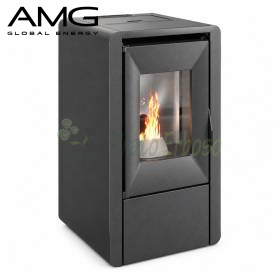 Sobă pe peleți neagră Smart 7 kW cu flacără vizibilă, în living modern