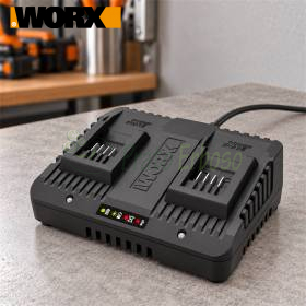WORX WA3772 20V dual station battery charger on a workbench