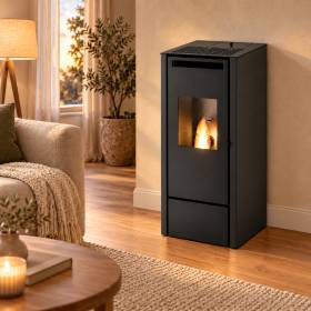 Stufa a pellet nera Vivian da 11 kW con fiamma visibile in soggiorno moderno